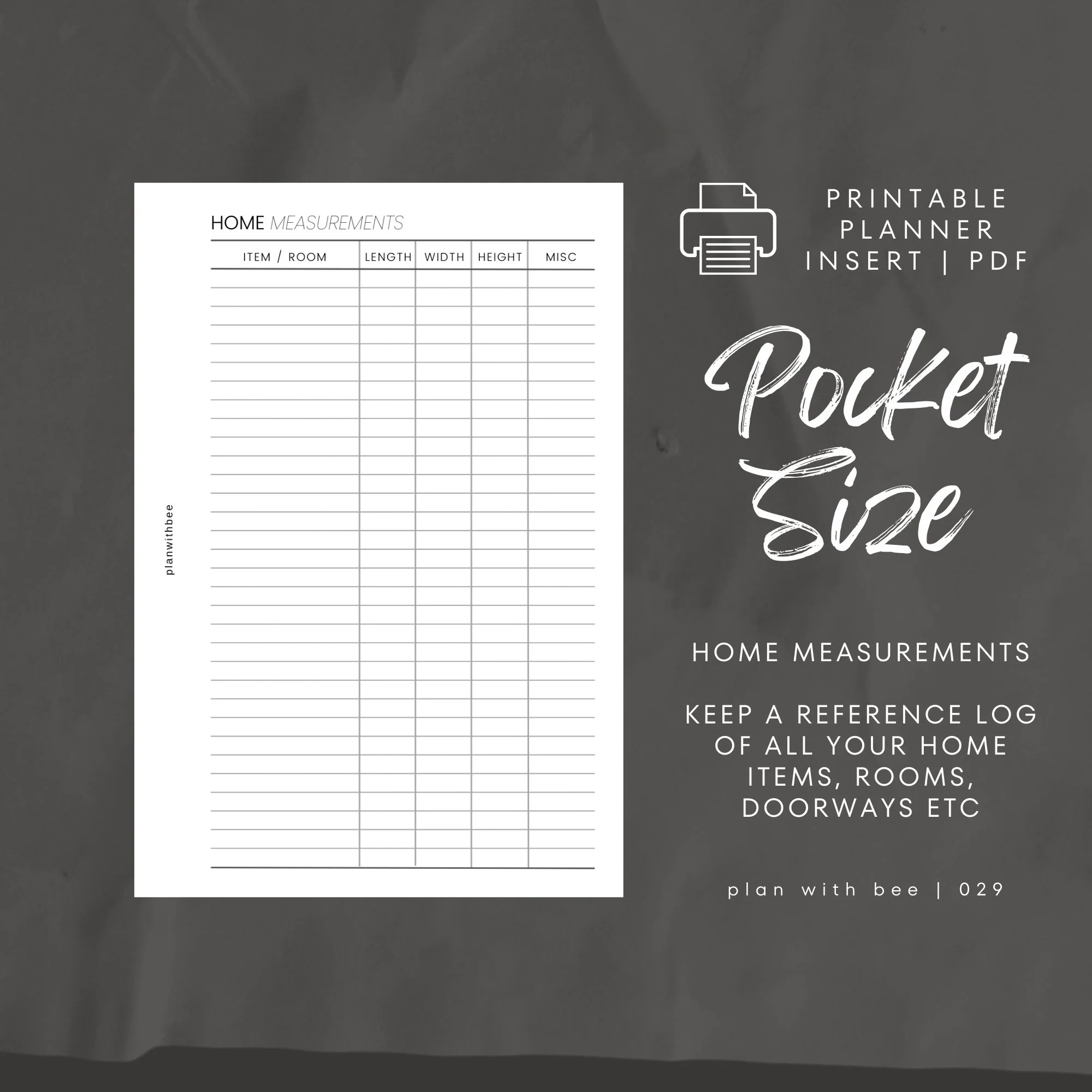 029 Home Measurements Printable Planner Insert POCKET Plan With Bee Instant Download Etsy
