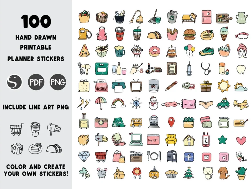 100 Printable Planner Stickers Digital Planner Stickers Stickers With Cut Files Printable Planner Icon Stickers Value Bundle Etsy