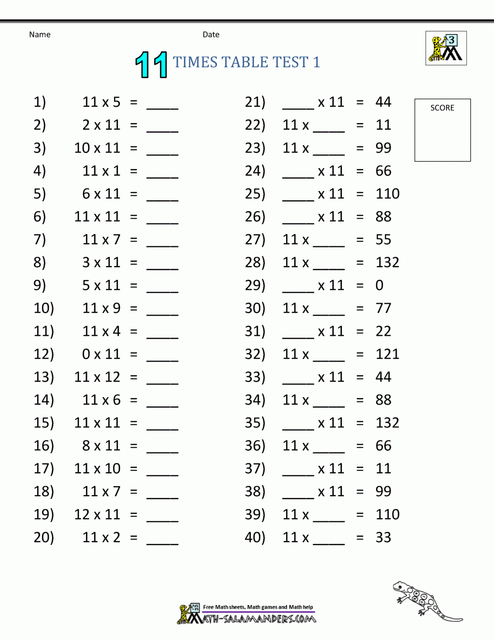 Printable Times Table Quizzes