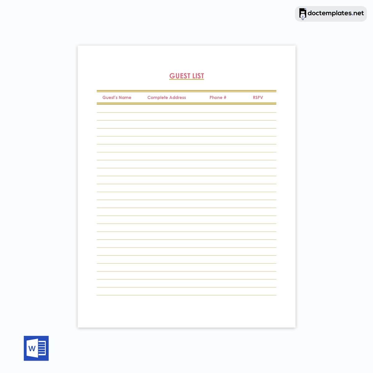 Printable Guest List Ms Word Template