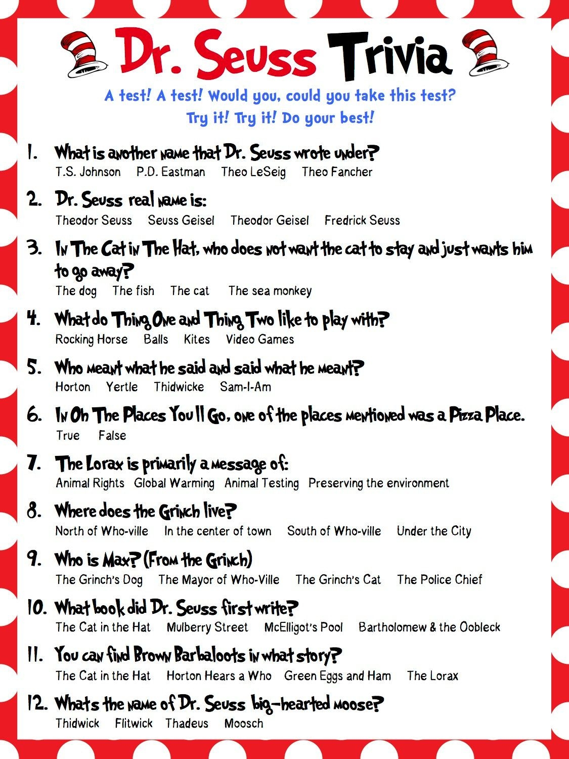 Dr Seuss Trivia Questions Printable Dr Seuss Trivia Questions Printable