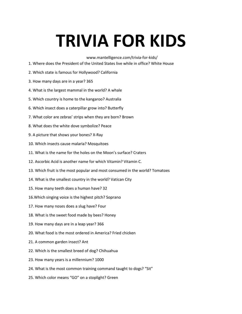 192 Kids Trivia Questions Answers Easy To Hard Mantelligence
