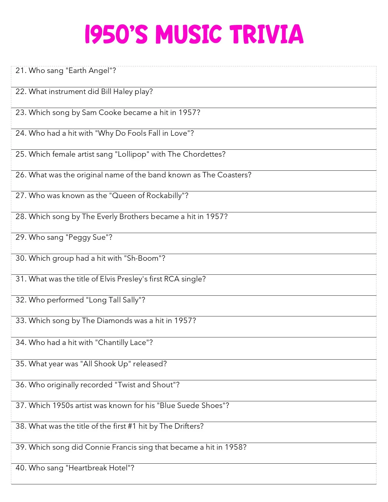 1950s Music Trivia 100 Printable Questions For A Rockin Retro Quiz Night Etsy