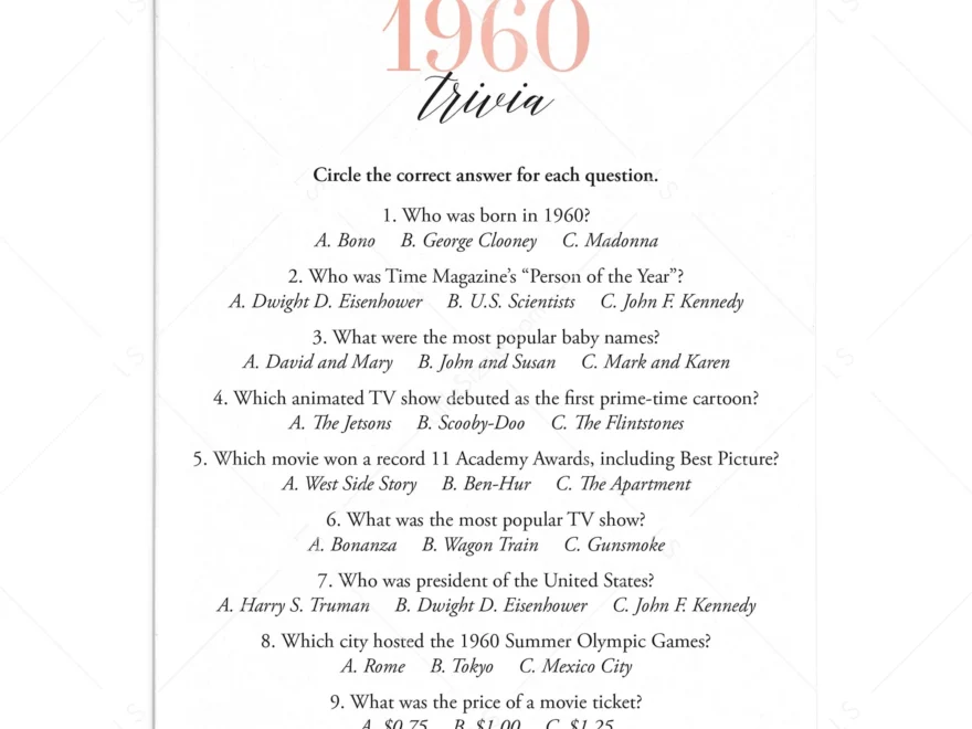 1960 Trivia Questions And Answers Printable Instant Download LittleSizzle