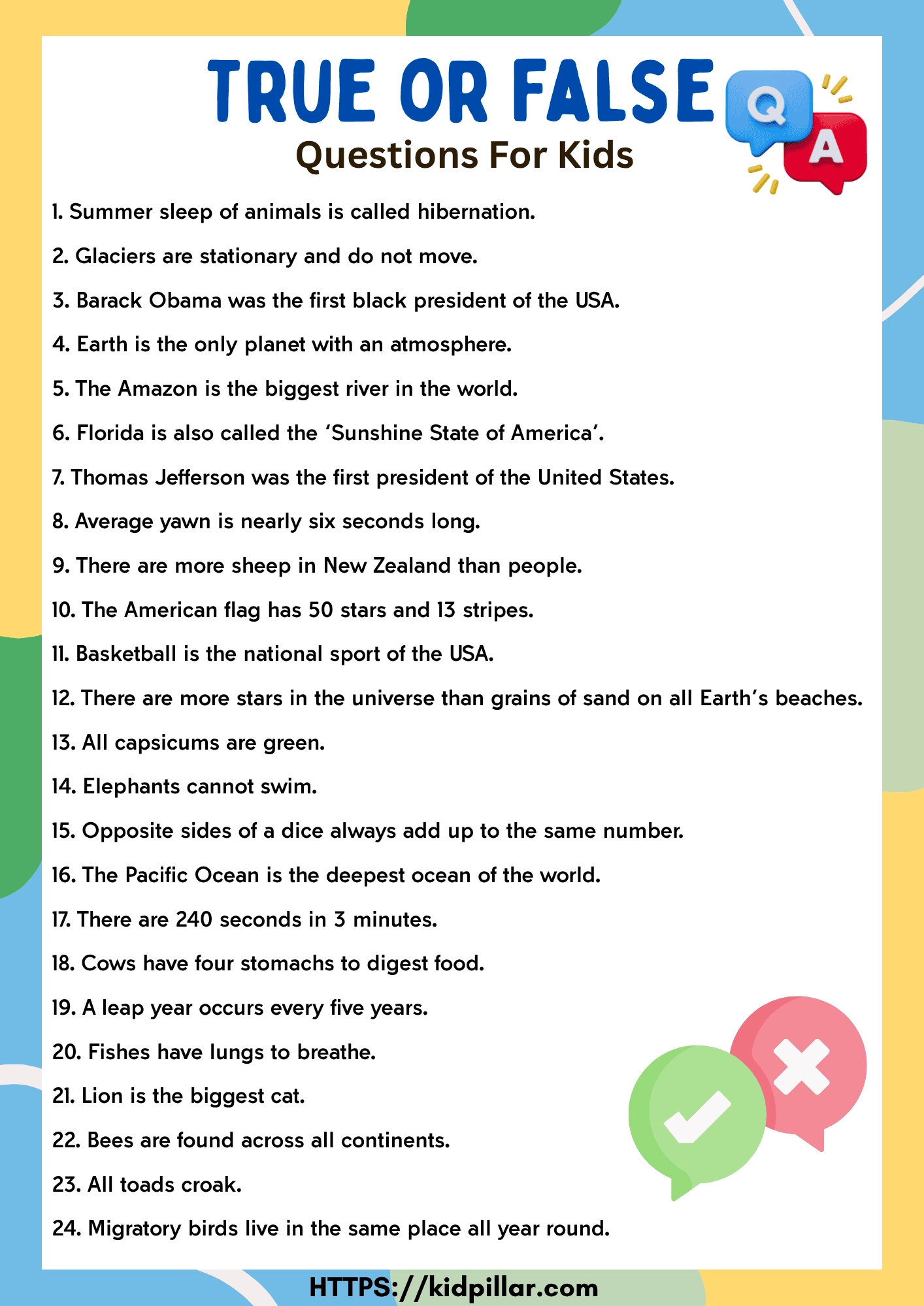 200 True Or False Questions For Kids With Answers