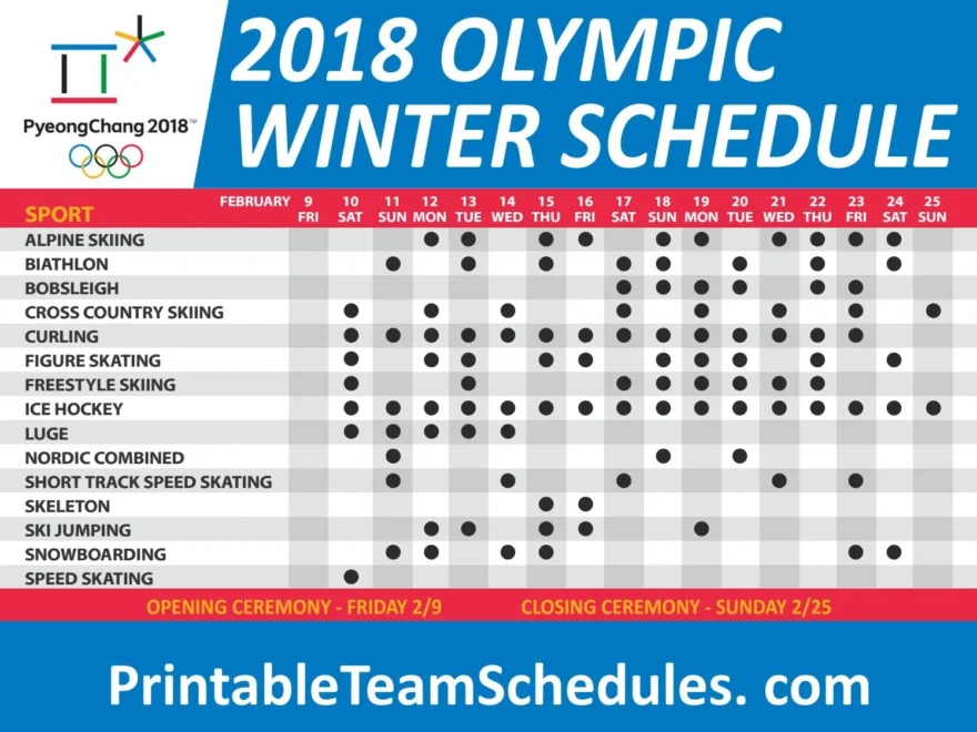 2018 PyeongChang Winter Olympics Schedule By Printteamschedules Worksheets Library