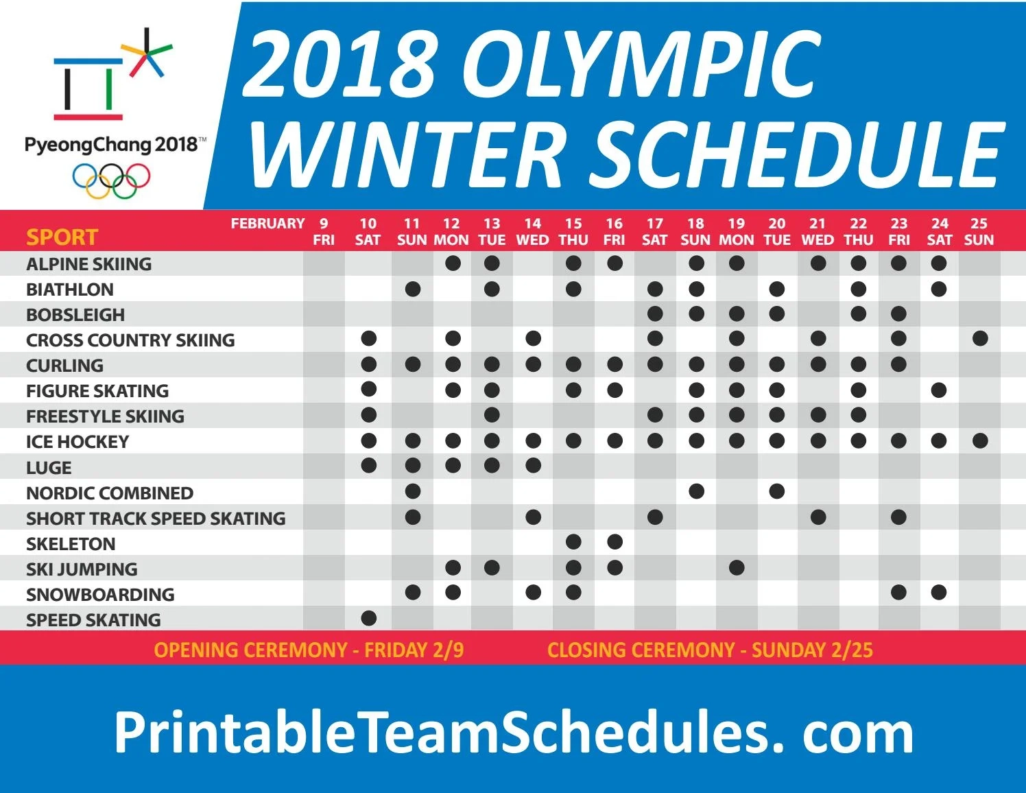 2018 PyeongChang Winter Olympics Schedule By Printteamschedules Worksheets Library