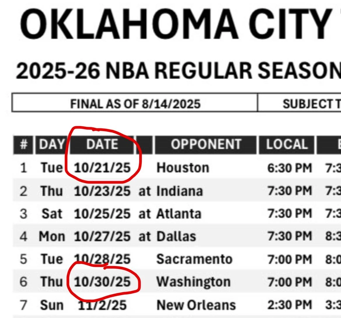 2025 2026 OKC Thunder Regular Season Schedule R Thunder