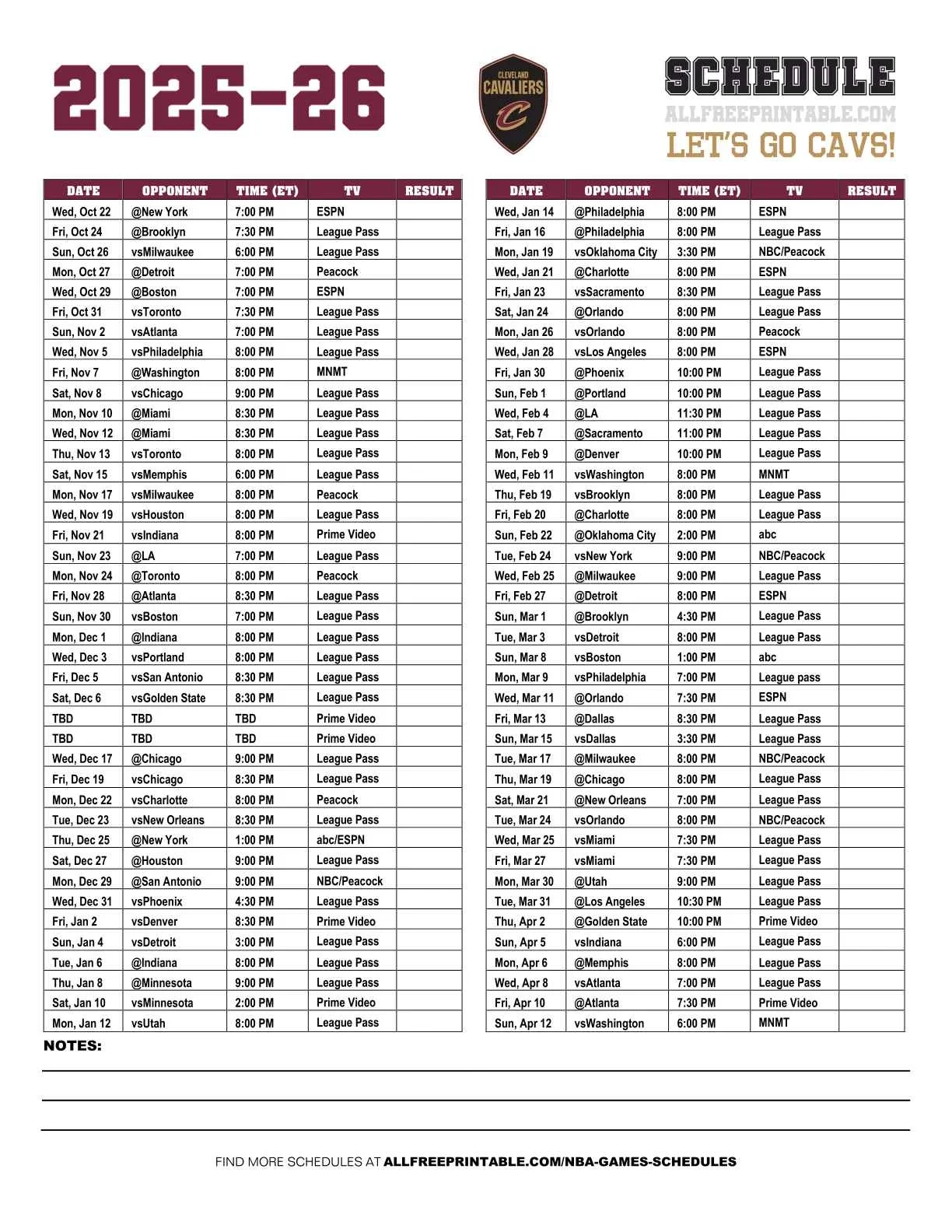 Cavs 2026 Printable Schedule