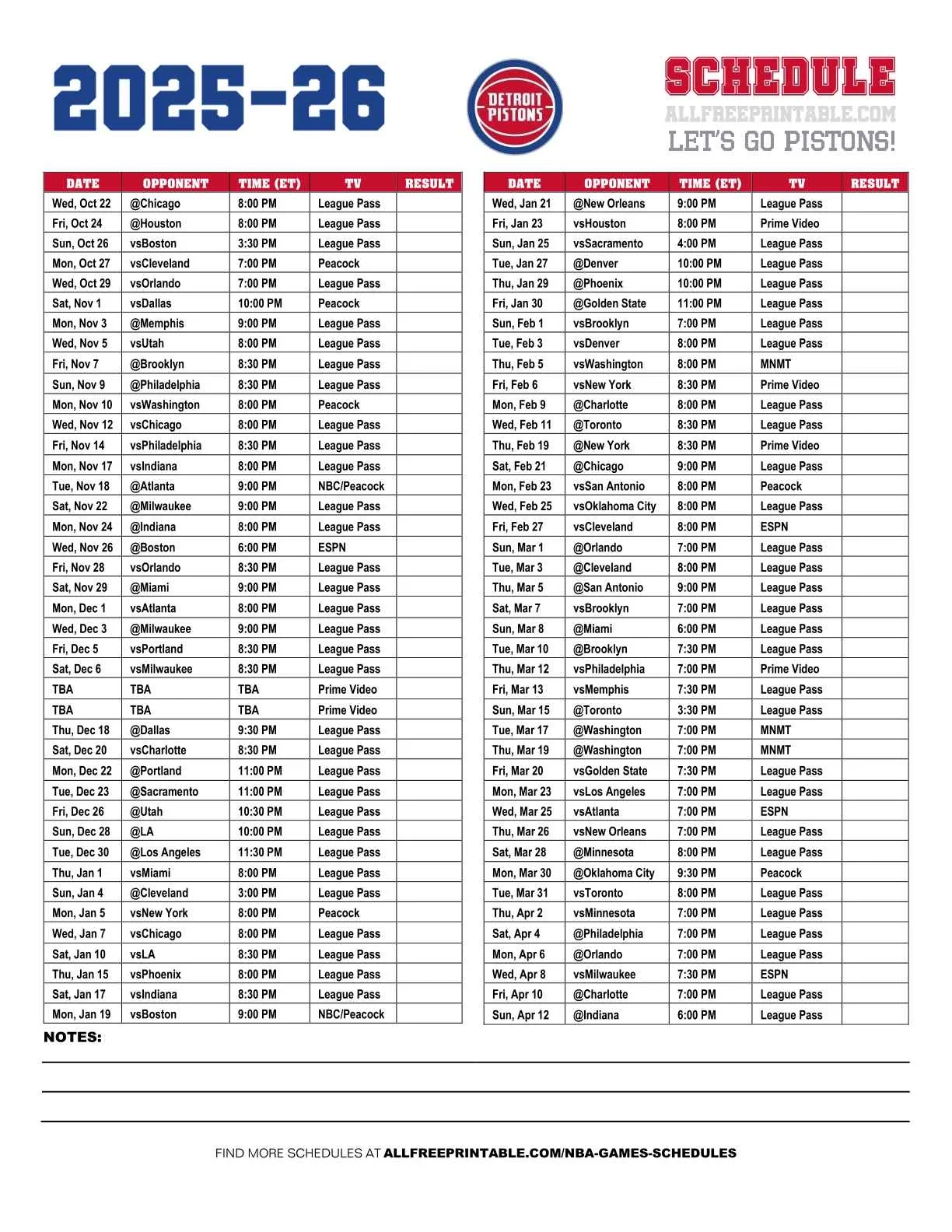 2025 26 Detroit Pistons Schedule Free Printable