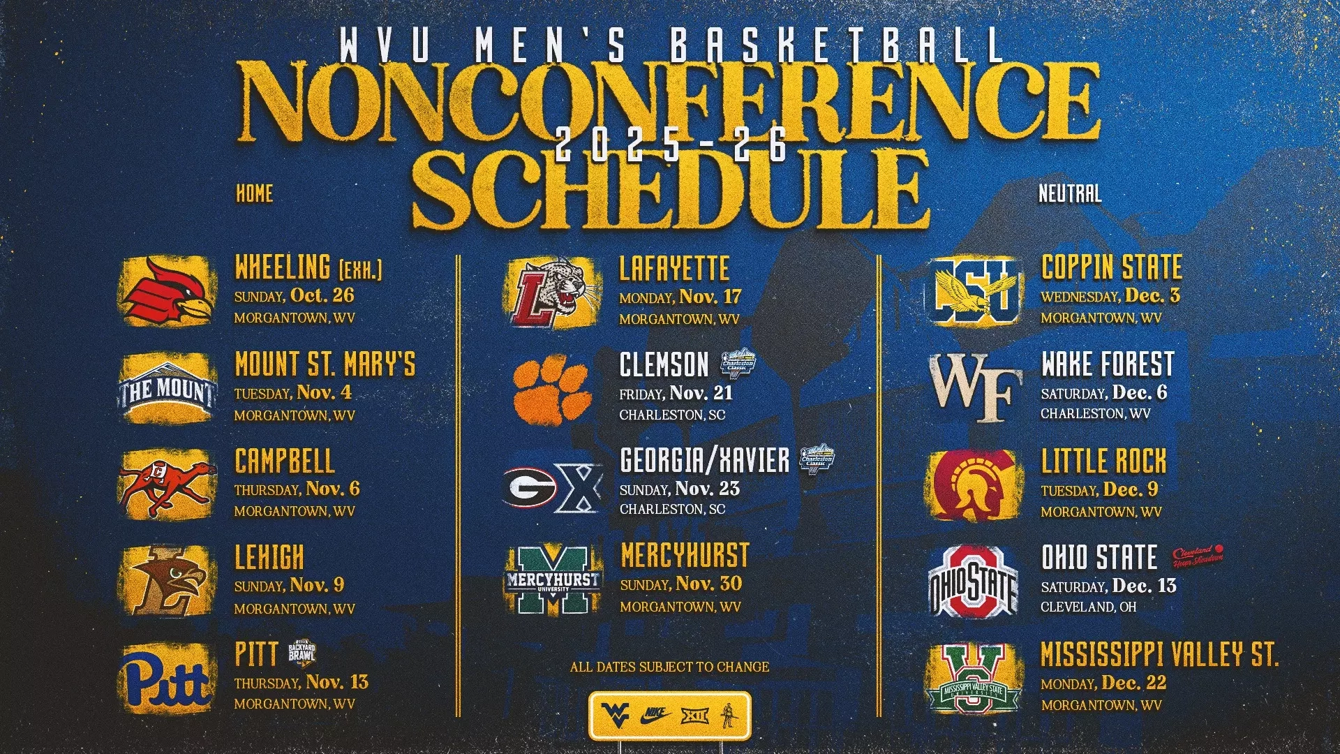 2025 26 WVU Men s Basketball Nonconference Schedule West Virginia University Athletics