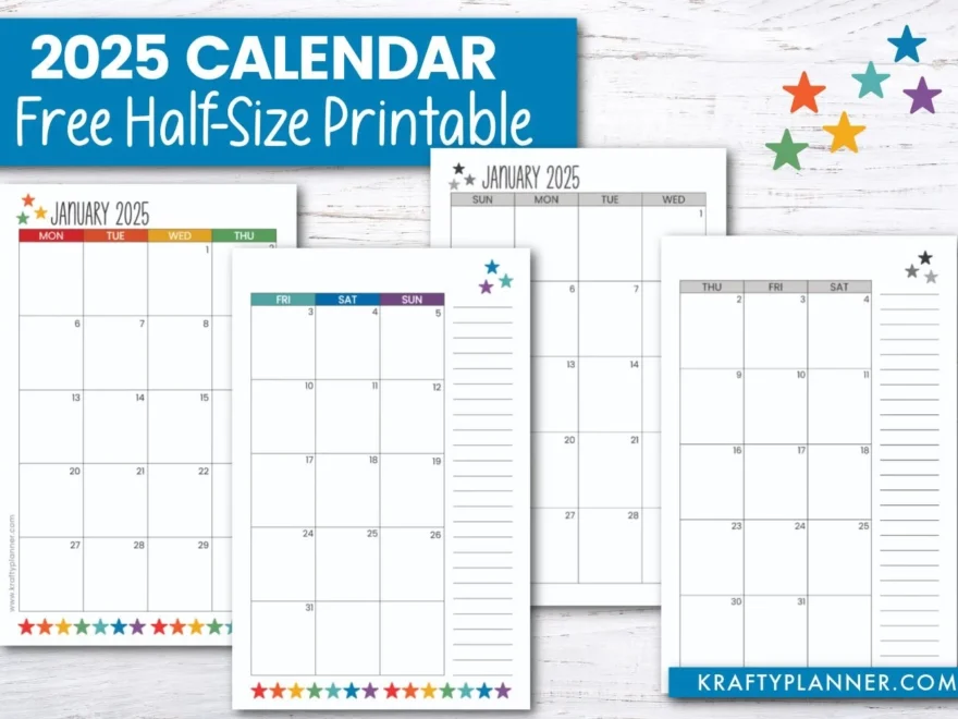 2025 Half Size Calendar Free Printable Krafty Planner