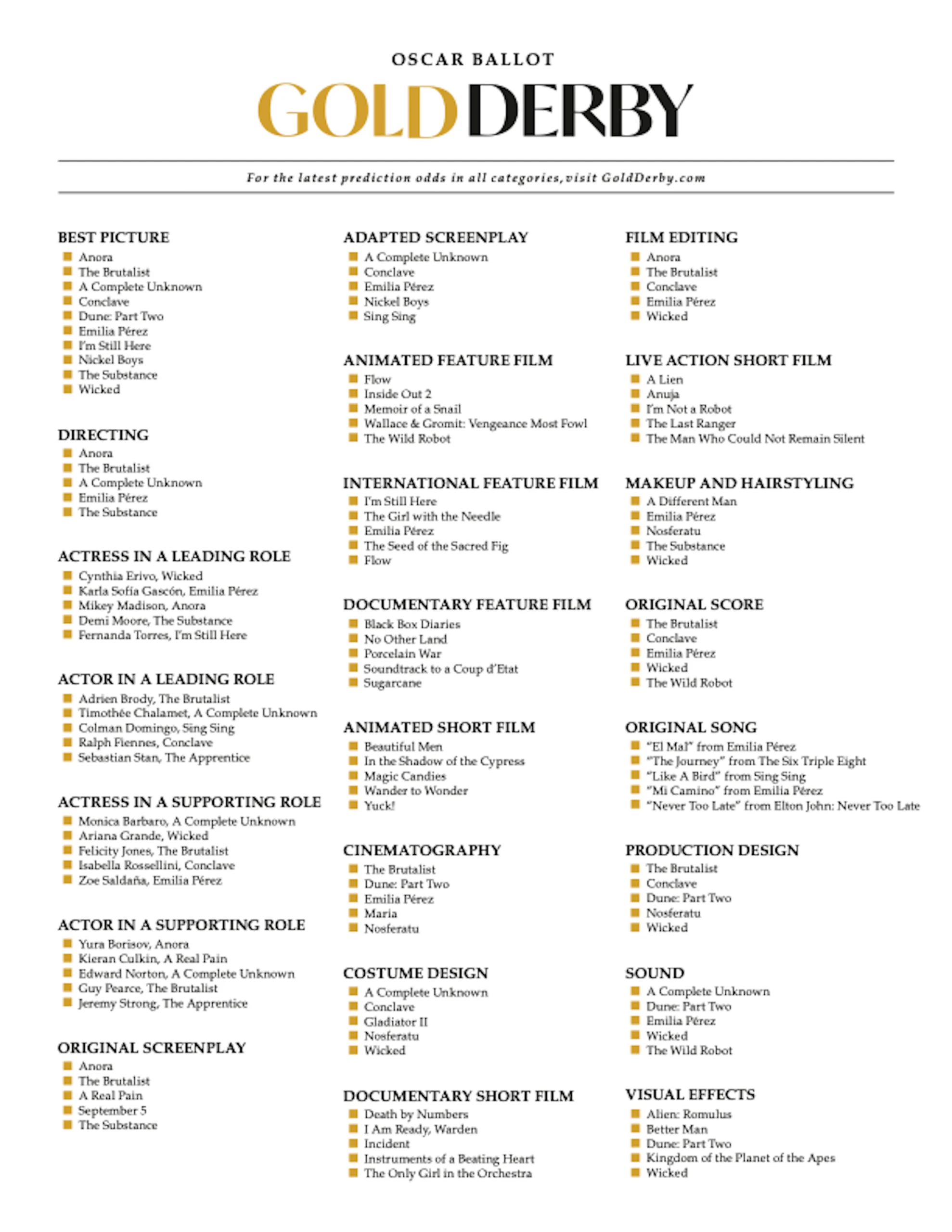 Oscars Printable List Nominations Oscars Printable List Nominations