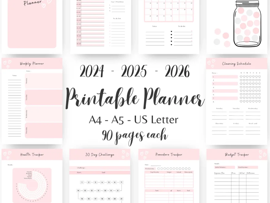 2025 Printable Planner Bundle Girly Pink Heart PDF 2026 Daily A5 Planner Insert Weekly Monthly Planner Budget Tracker Cleaning Schedule Etsy