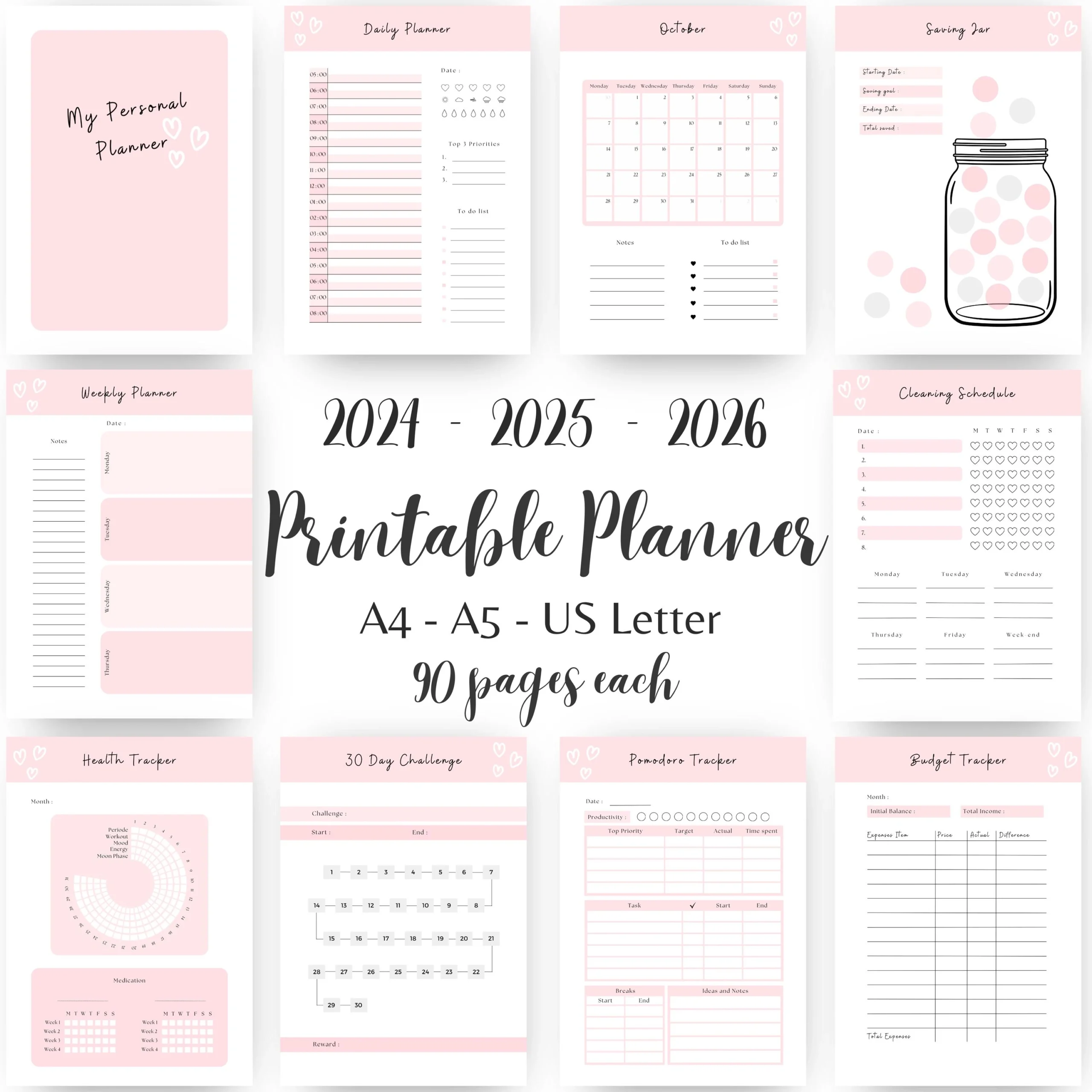 2025 Printable Planner Bundle Girly Pink Heart PDF 2026 Daily A5 Planner Insert Weekly Monthly Planner Budget Tracker Cleaning Schedule Etsy