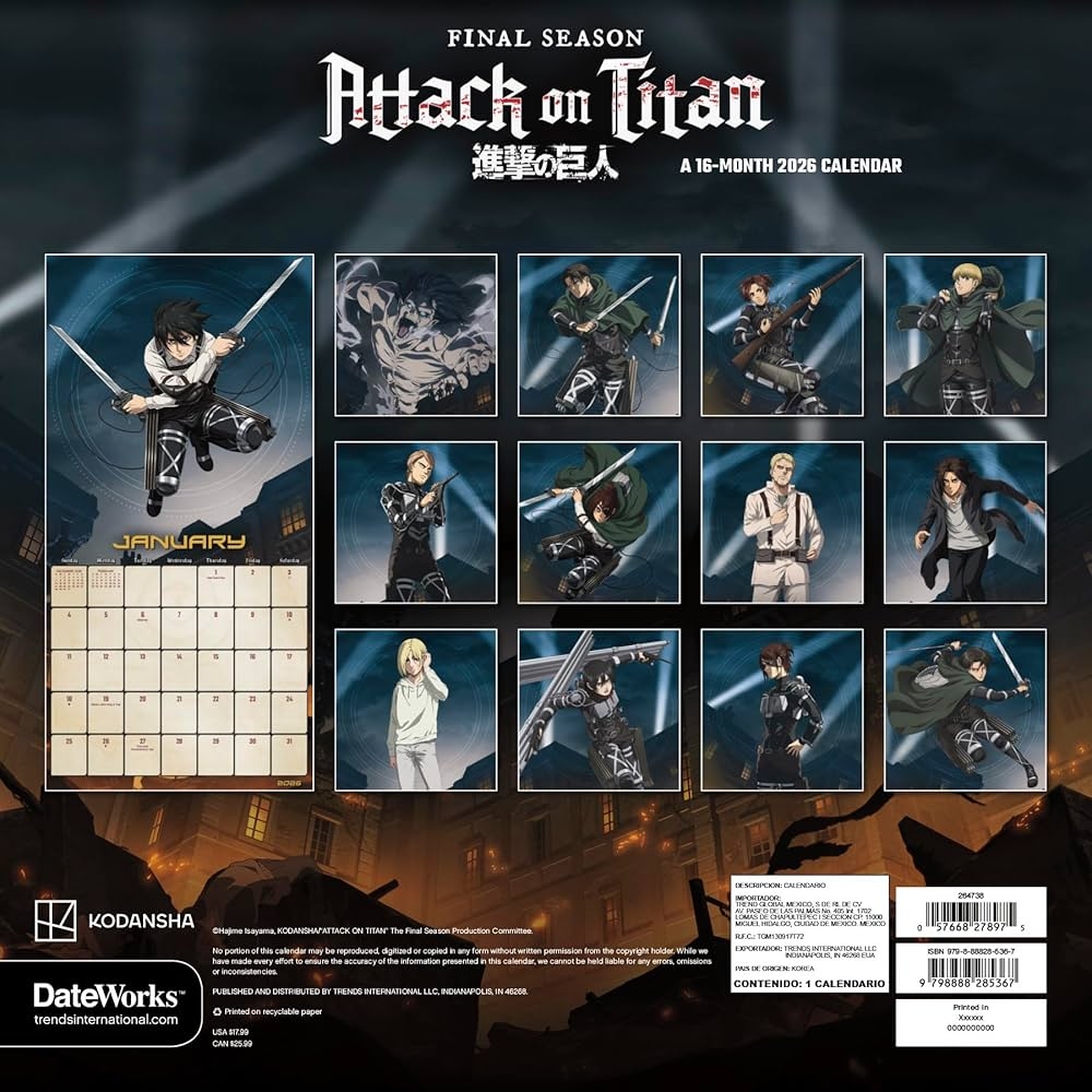 2026 Attack On Titan Wall Calendar Trends International 9798888285367 Amazon Books