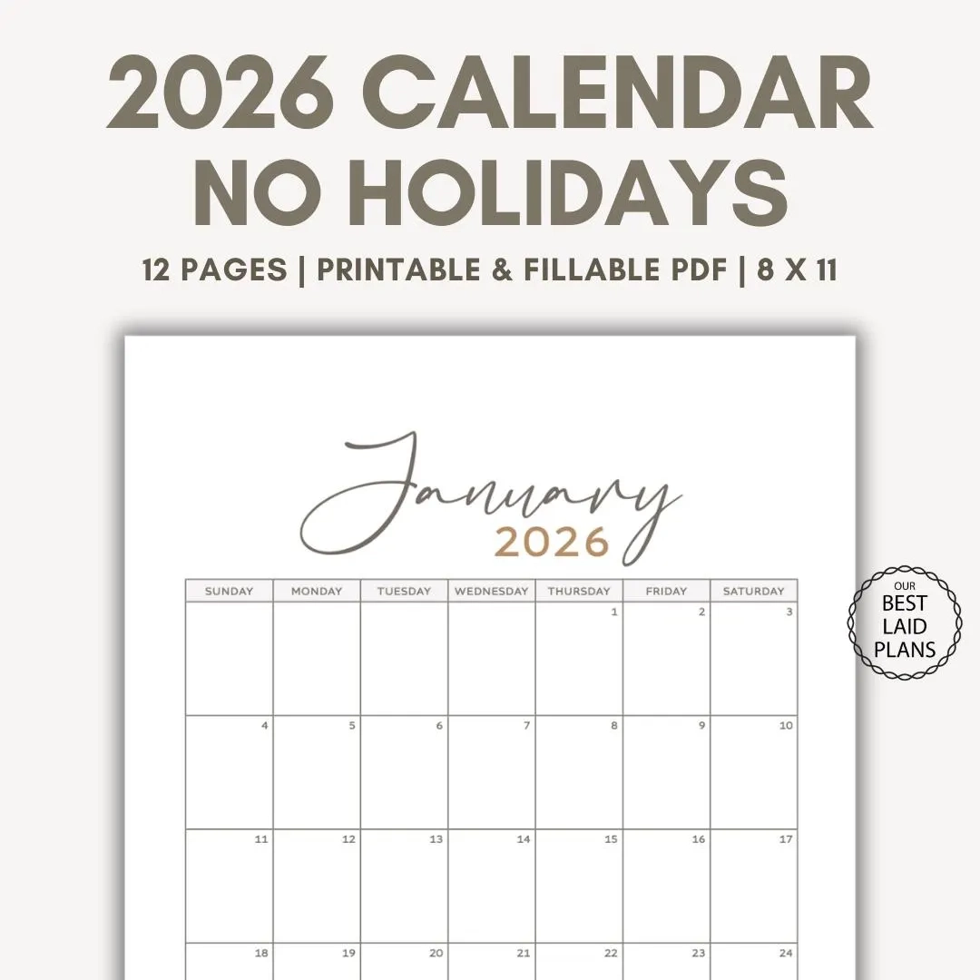 2026 Calendar Printable And Fillable PDF No Holiday Blank Template Letter Size Minimalist With Calligraphy Instant Digital Download Etsy