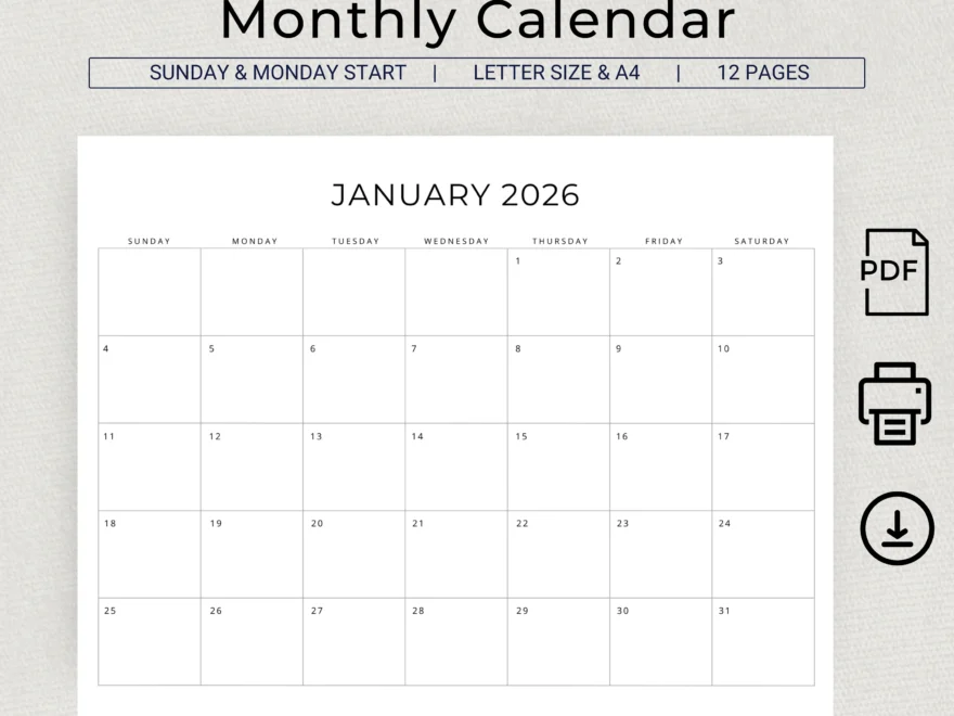 2026 Monthly Calendar PRINTABLE 2026 Monthly Planner Landscape 2026 Minimal Calendar A4 Letter Size Sunday Monday Start PDF Download Etsy