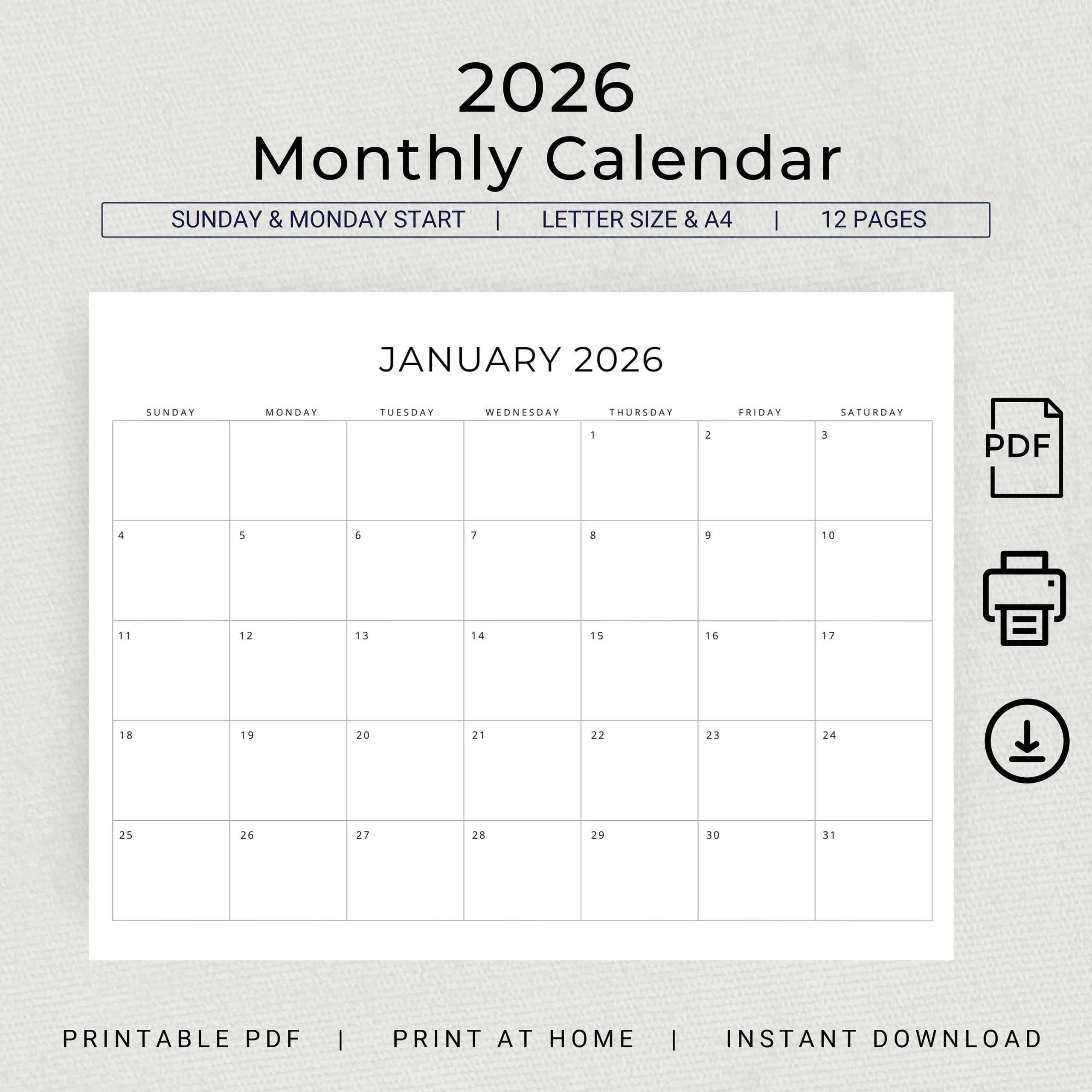 2026 Monthly Calendar PRINTABLE 2026 Monthly Planner Landscape 2026 Minimal Calendar A4 Letter Size Sunday Monday Start PDF Download Etsy 2026 Monthly Calendar PRINTABLE 2026 Monthly Planner Landscape 2026 Minimal Calendar A4 Letter Size Sunday Monday Start PDF Download Etsy