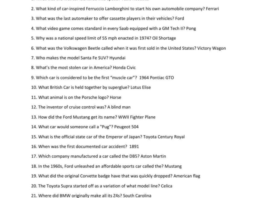 23 Car Trivia Questions amp Answers Classic Muscle Luxury Worksheets Library