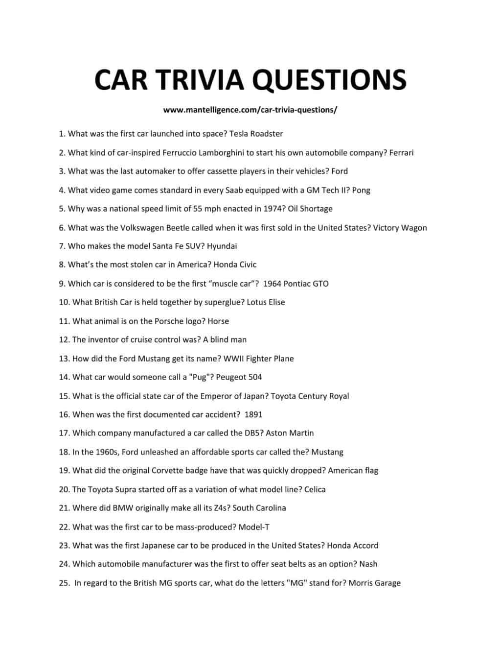 23 Car Trivia Questions amp Answers Classic Muscle Luxury Worksheets Library