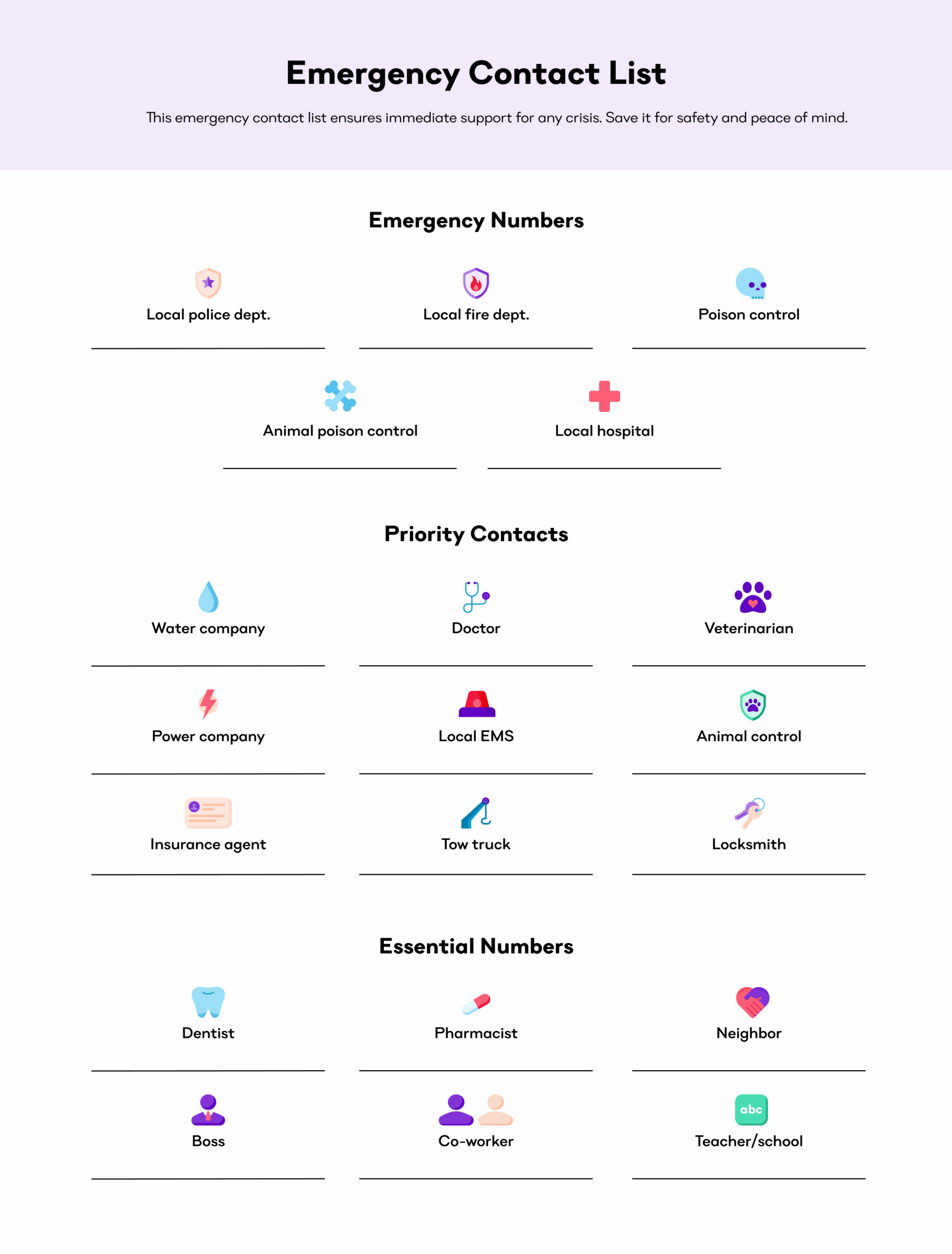 Printable Emergency Number List