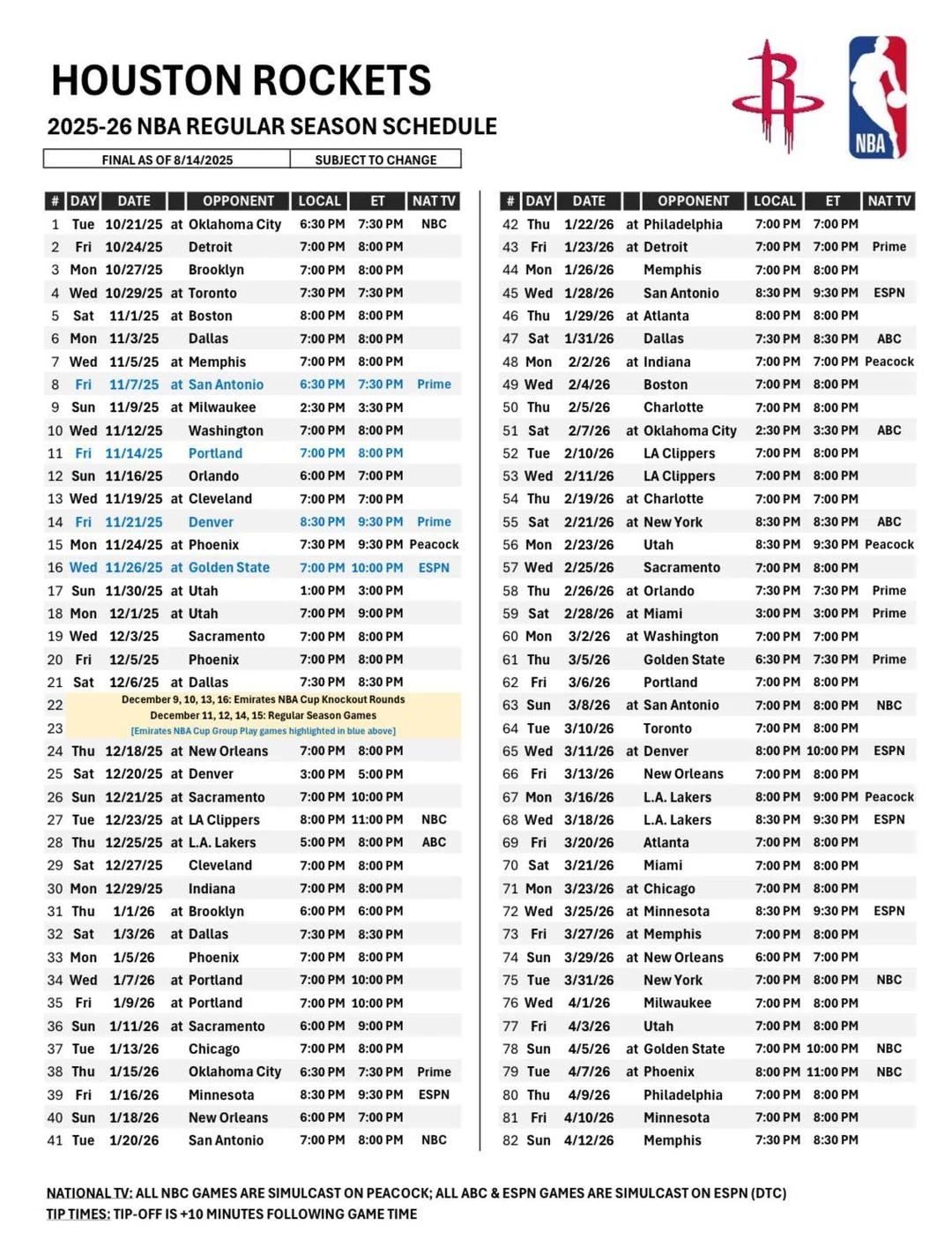 25 26 Schedule R rockets