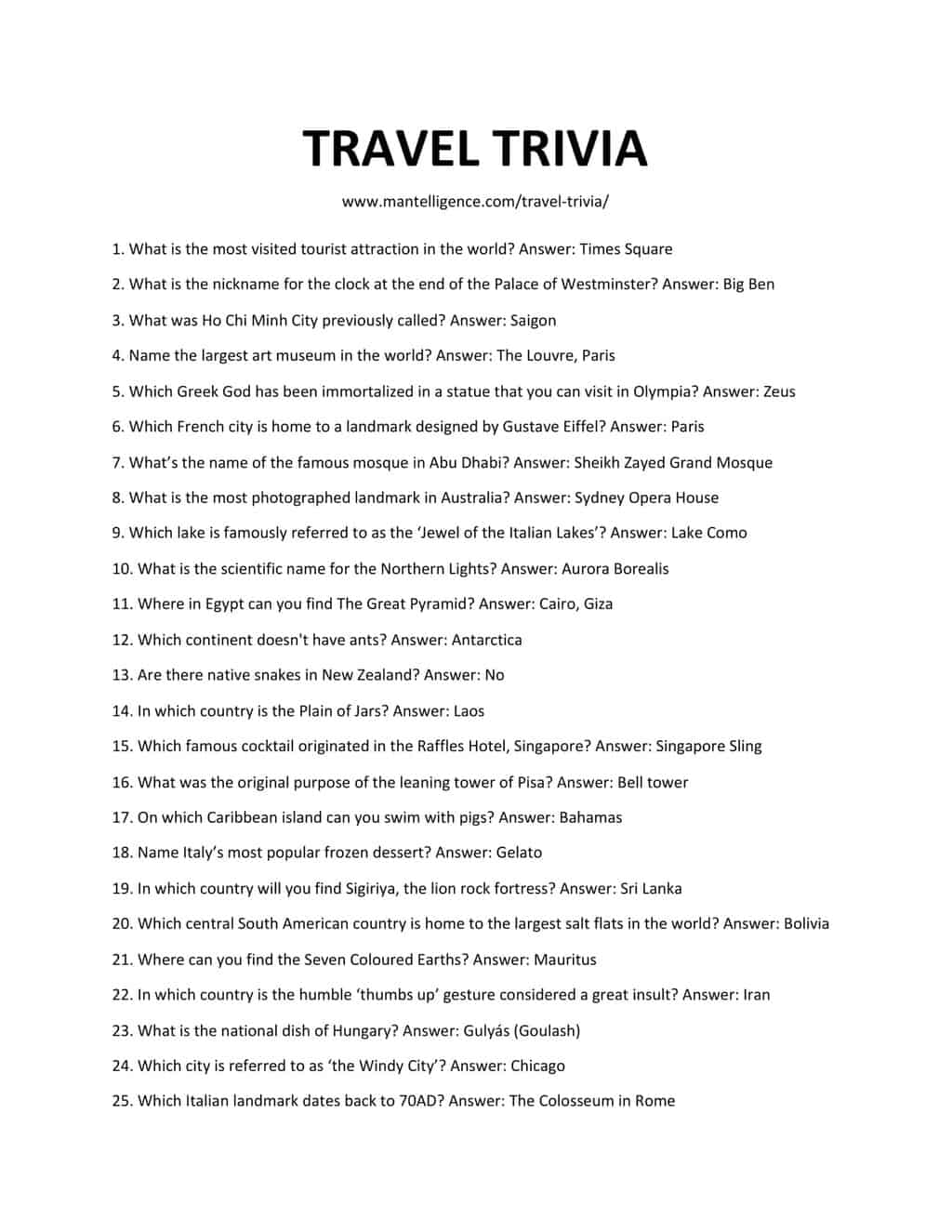33 Travel Trivia Questions Answers Fun Quiz Mantelligence