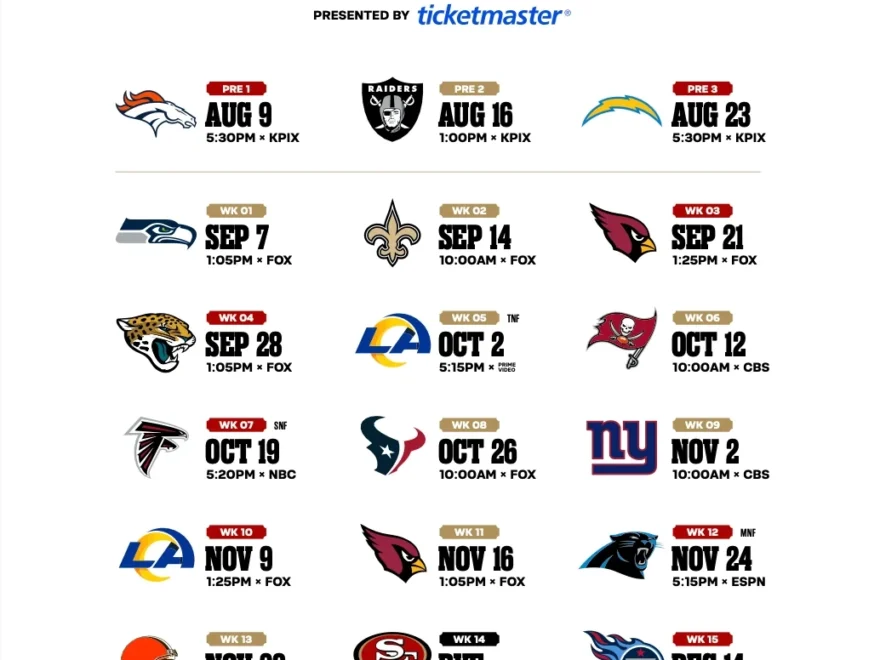 49ers Schedule San Francisco 49ers 49ers