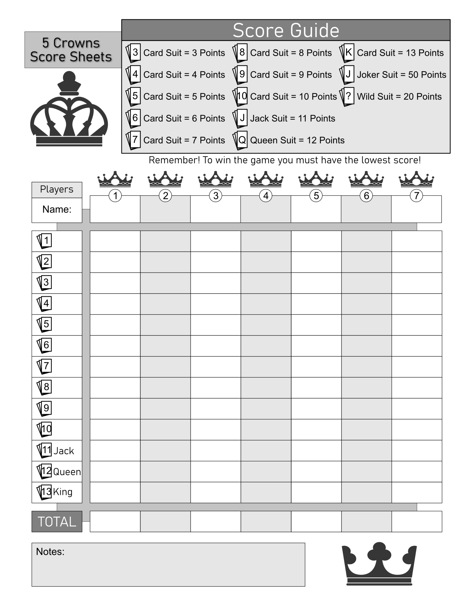 5 Crowns Score Sheet