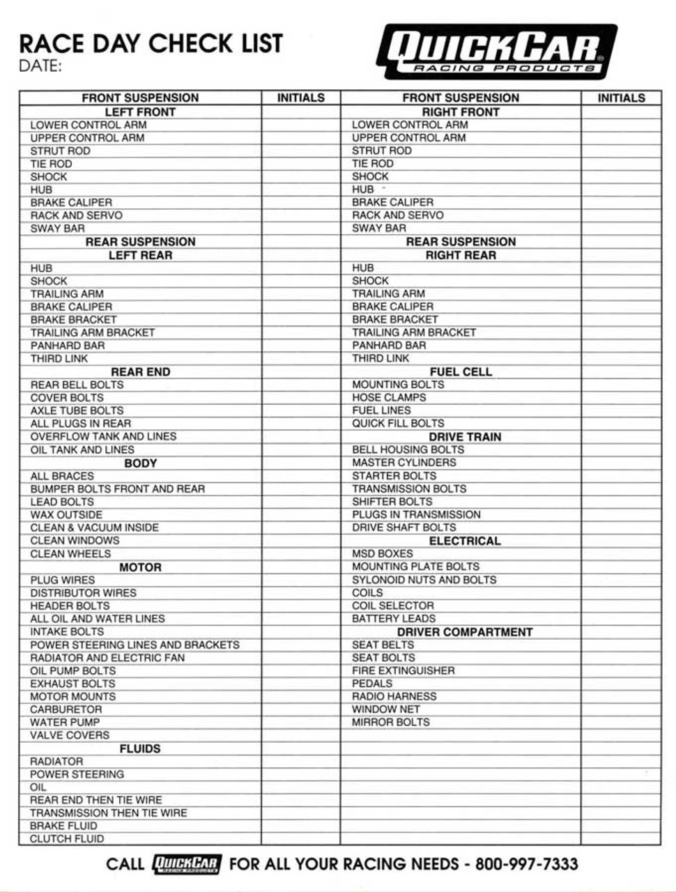 51 237 Race Day Check List 50 Sheet Quickcar Racing