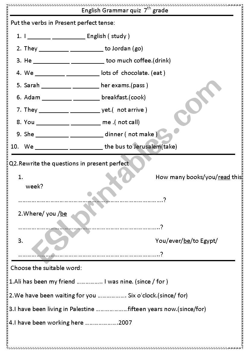7th Grade English Grammar Quiz ESL Worksheet By Alhuda Worksheets Library