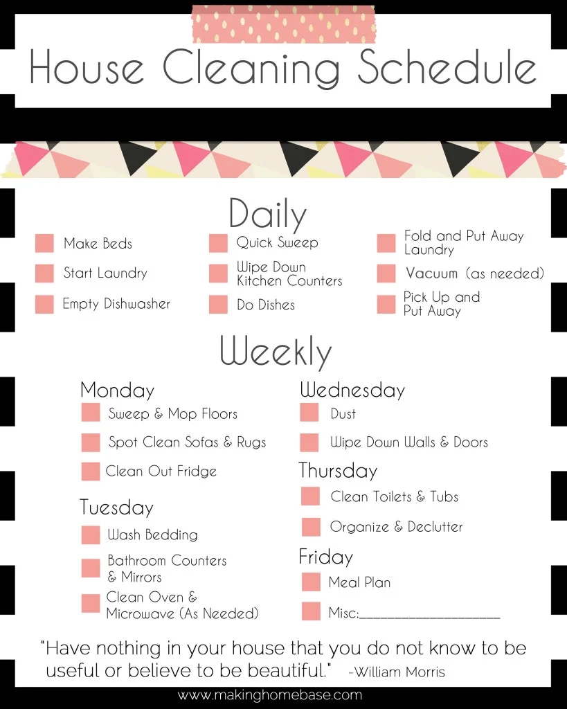 Printable Weeklycleaning Schedule Planner