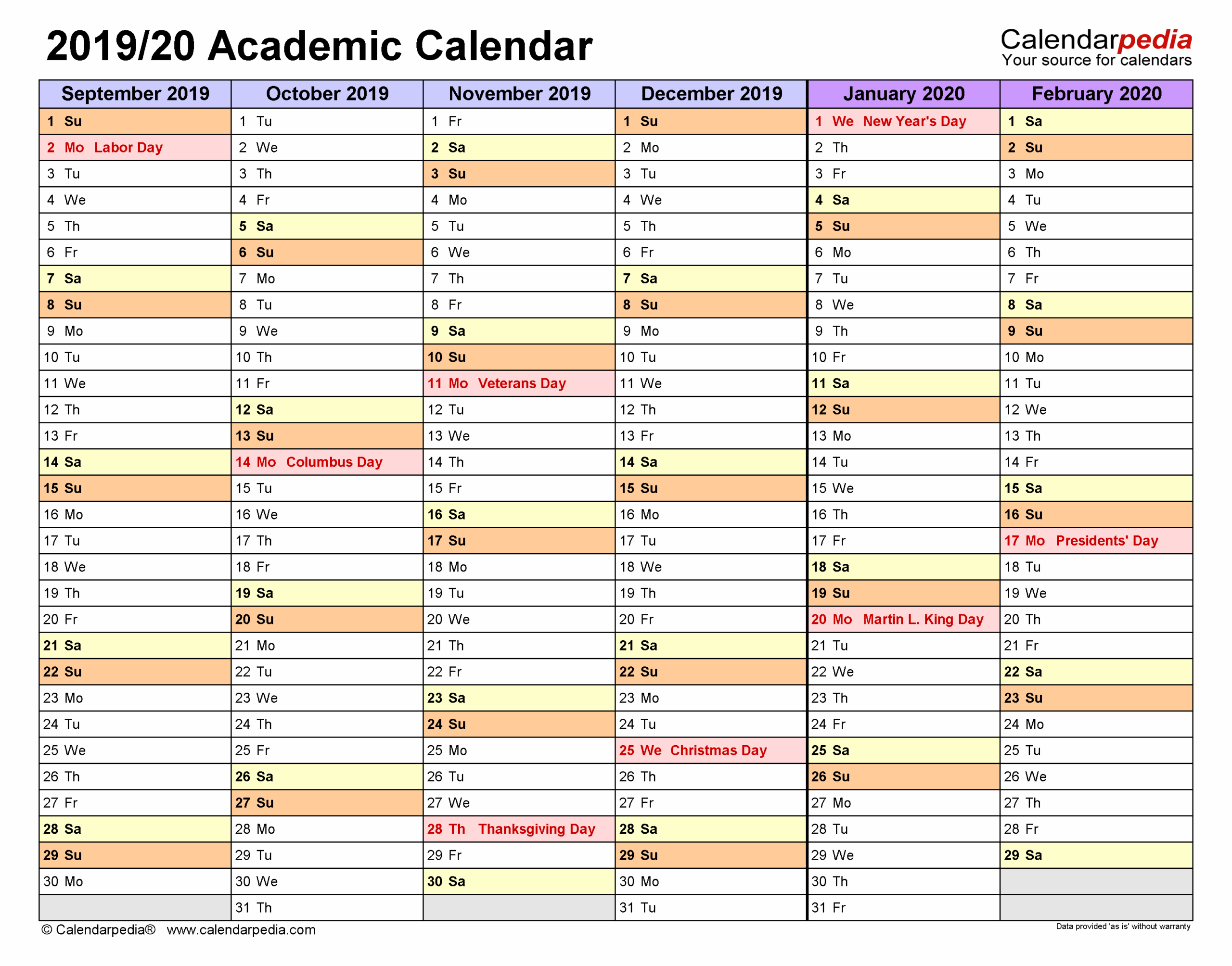 Academic Calendars 2019 2020 Free Printable PDF Templates
