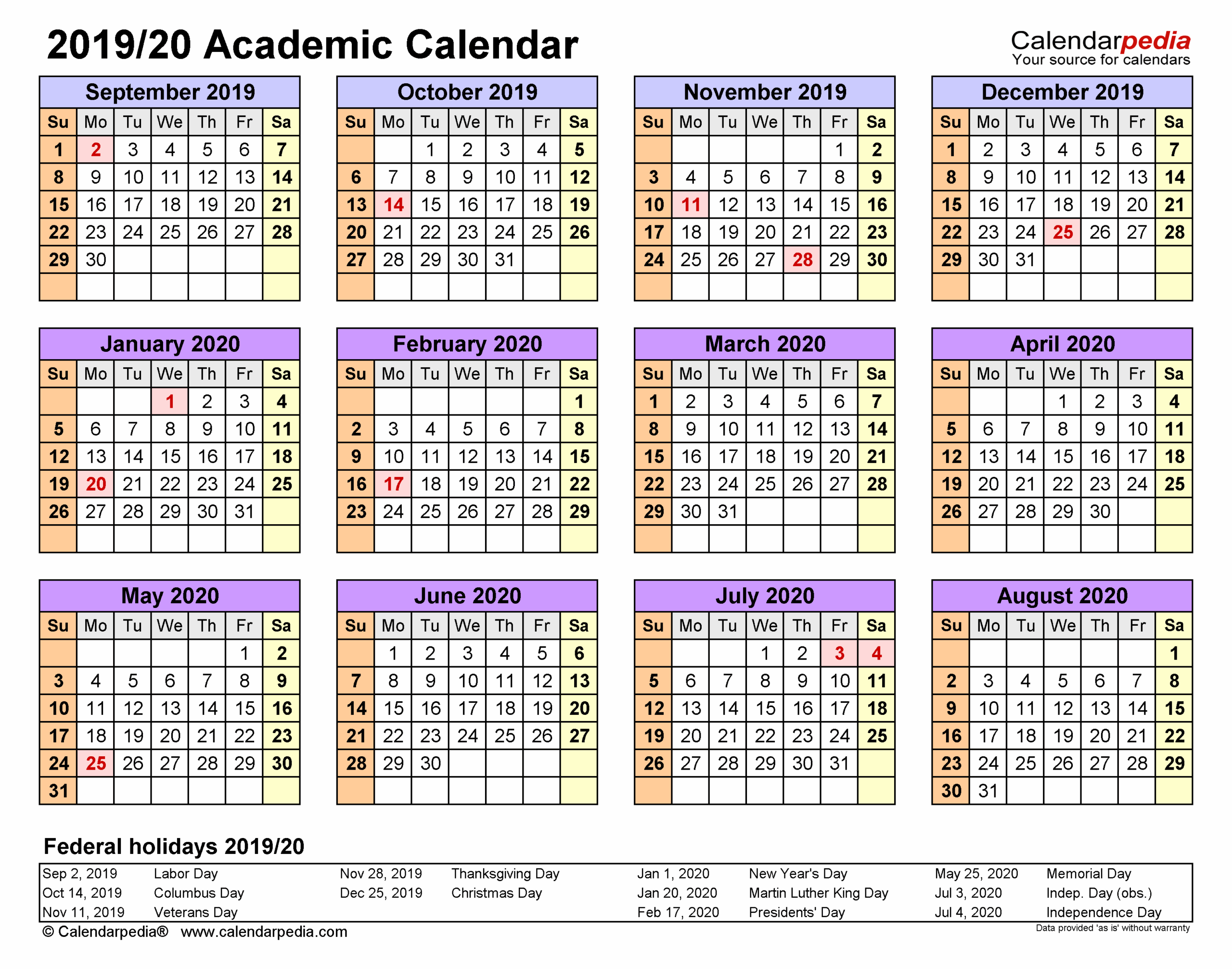 Academic Calendars 2019 2020 Free Printable Word Templates
