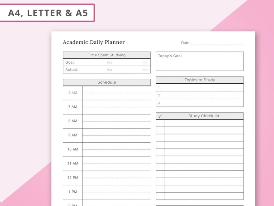 Academic Daily Planner Study Planner Daily Planner Template Undated Daily Planner Printable Study Insert Printable Student Printable Etsy