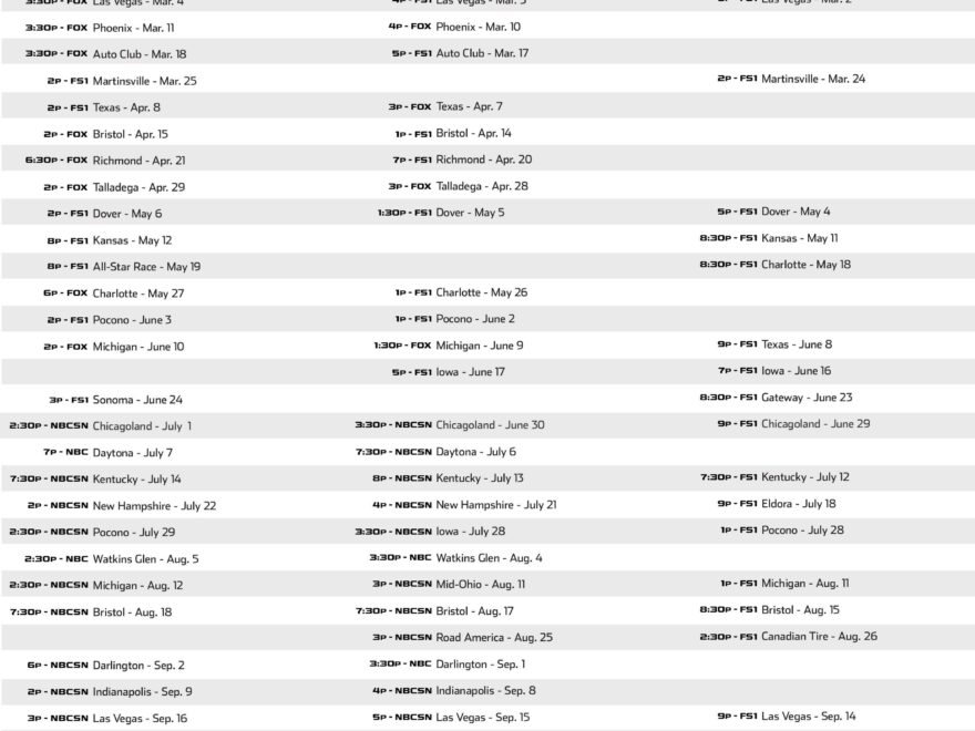 Added Start Times And Channels To The Printable NASCAR Schedule For Us At The Office Thought You Guys Would Find It Handy R NASCAR