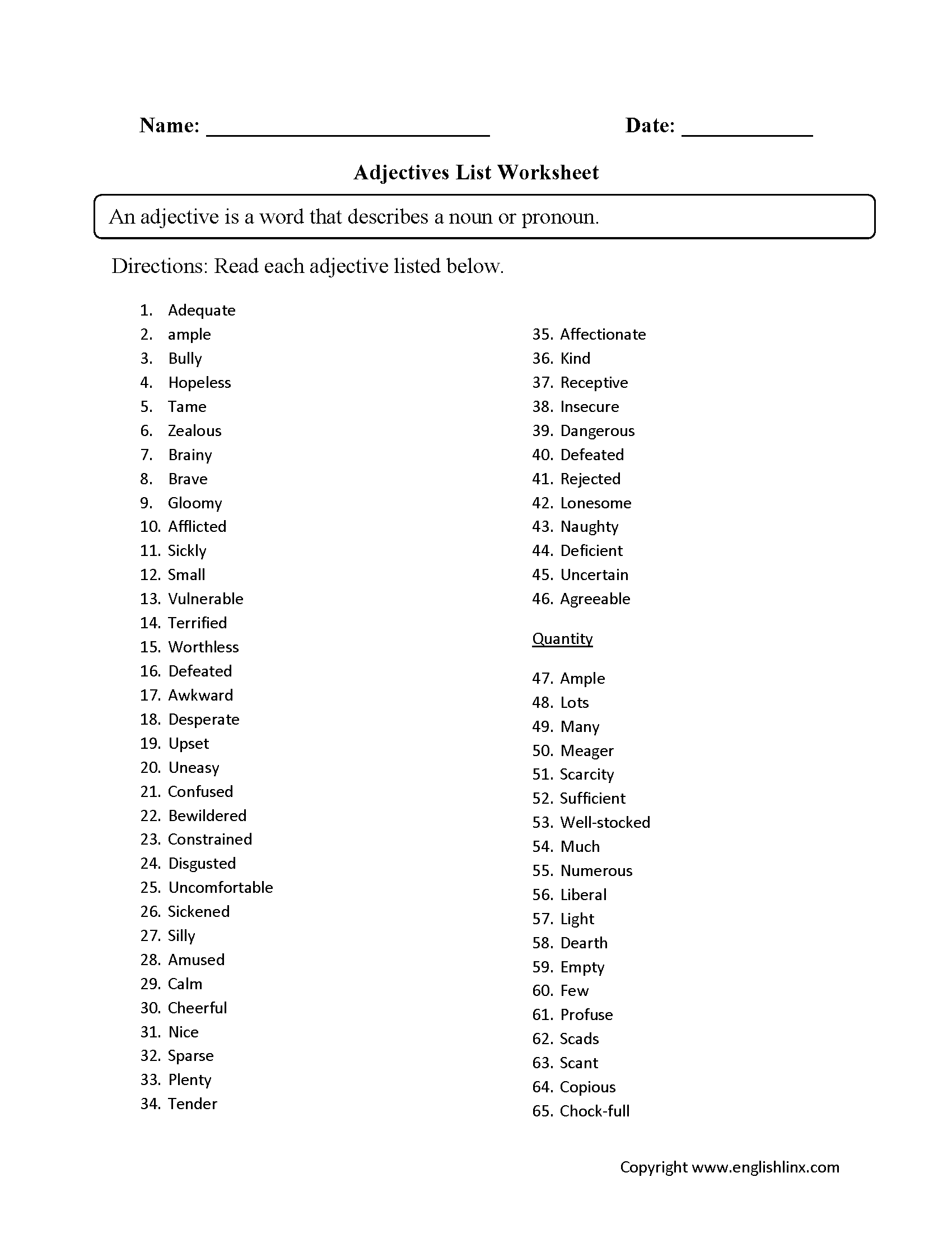 List Of Adjectives Printable Free List Of Adjectives Printable Free