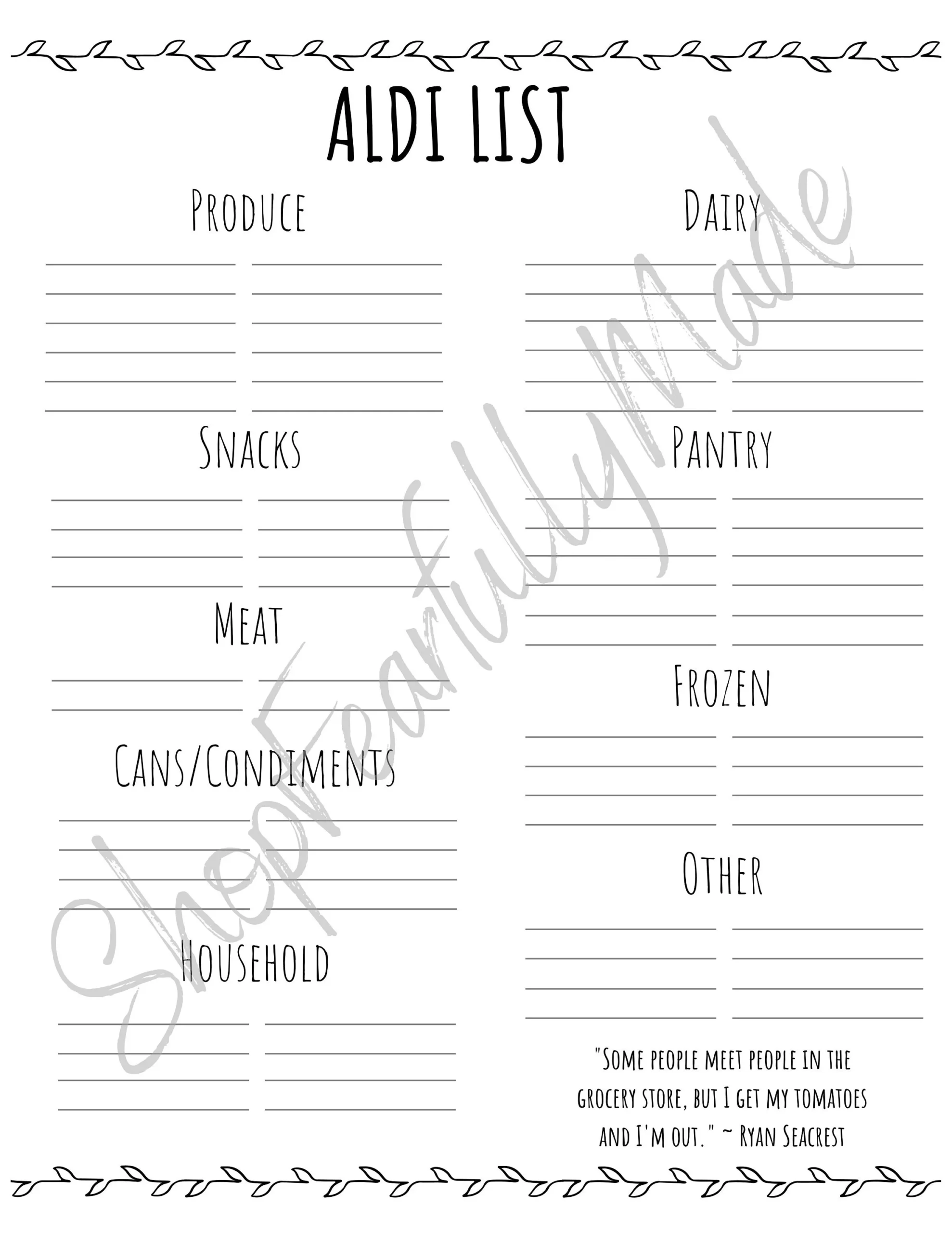 Aldi Grocery Shopping List Leaf Design Etsy