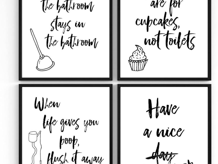 Amazon DREAM BIG PRINTABLES Funny Bathroom Signs Set Of 4 Unframed 8x10s Bathroom Decor Wall Art Prints Black And White Funny Quotes For Your Guestroom Rental Property Or