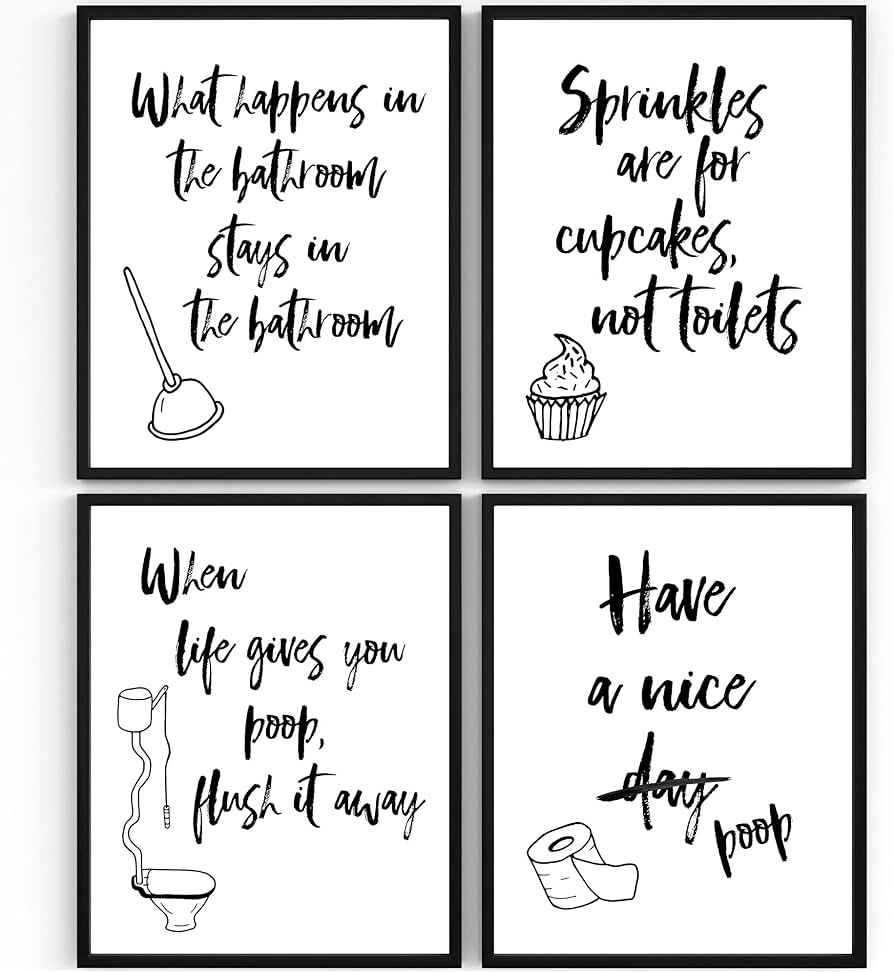 Amazon DREAM BIG PRINTABLES Funny Bathroom Signs Set Of 4 Unframed 8x10s Bathroom Decor Wall Art Prints Black And White Funny Quotes For Your Guestroom Rental Property Or