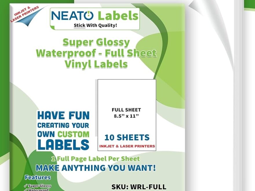 Amazon Printable Vinyl Sticker Paper 8 5 X 11 10 Super Glossy Waterproof Labels For Inkjet And Laser Printers Premium White Full Sheets Strong Adhesive Tear Resistant Office Products