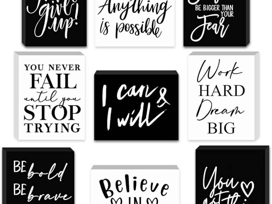 Amazon Yulejo 9 Pieces Mini Inspirational Desk Decor Motivational Quotes Wooden Signs Positive Office Bathroom Shelf Decors Cheer Up Gifts For Women Black White 5 51 X 3 94 X 0 47 Inch Home Kitchen