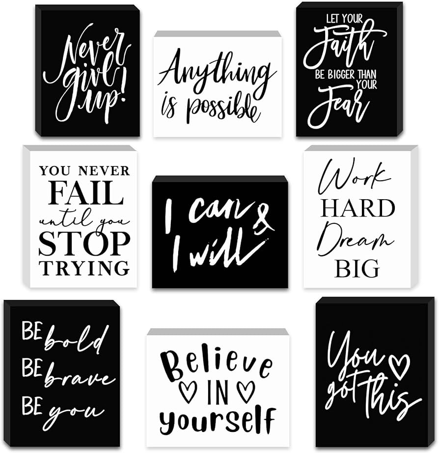 Amazon Yulejo 9 Pieces Mini Inspirational Desk Decor Motivational Quotes Wooden Signs Positive Office Bathroom Shelf Decors Cheer Up Gifts For Women Black White 5 51 X 3 94 X 0 47 Inch Home Kitchen