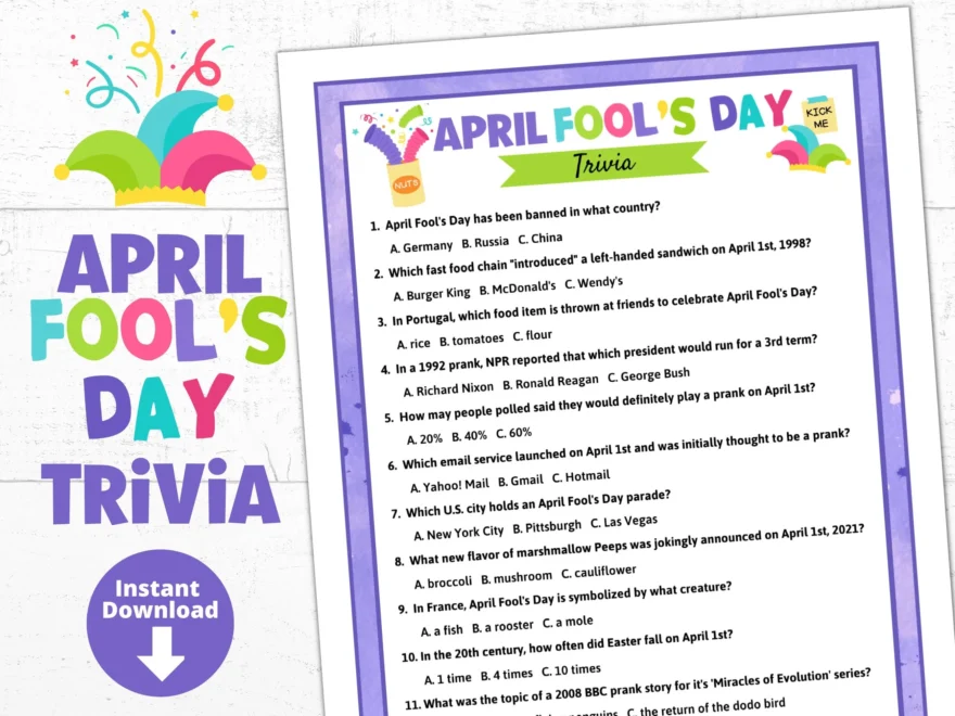April Fools Day Trivia Game Printable April Fool s Trivia Questions Quiz Family Party Game Night Etsy