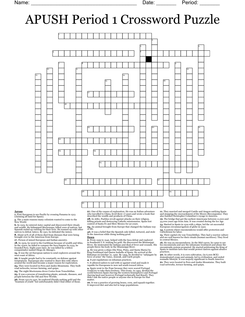 APUSH Period 1 Crossword Puzzle WordMint APUSH Period 1 Crossword Puzzle WordMint