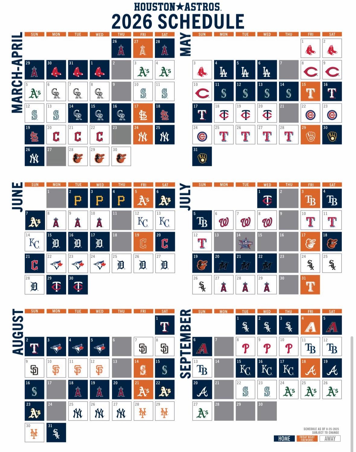 Printable Houston Astros 2026 Schedule