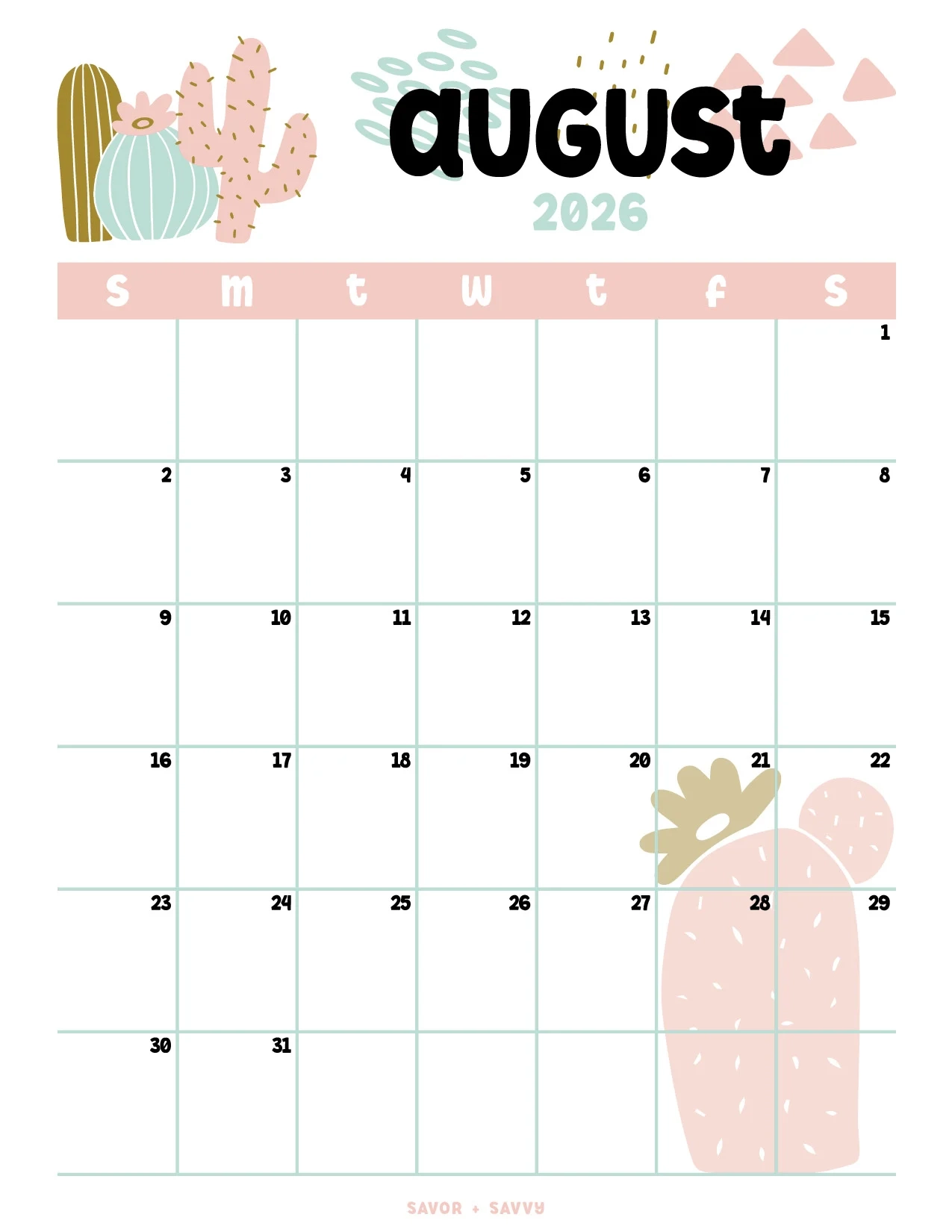 Cute Printable Planner August Verticle 2026