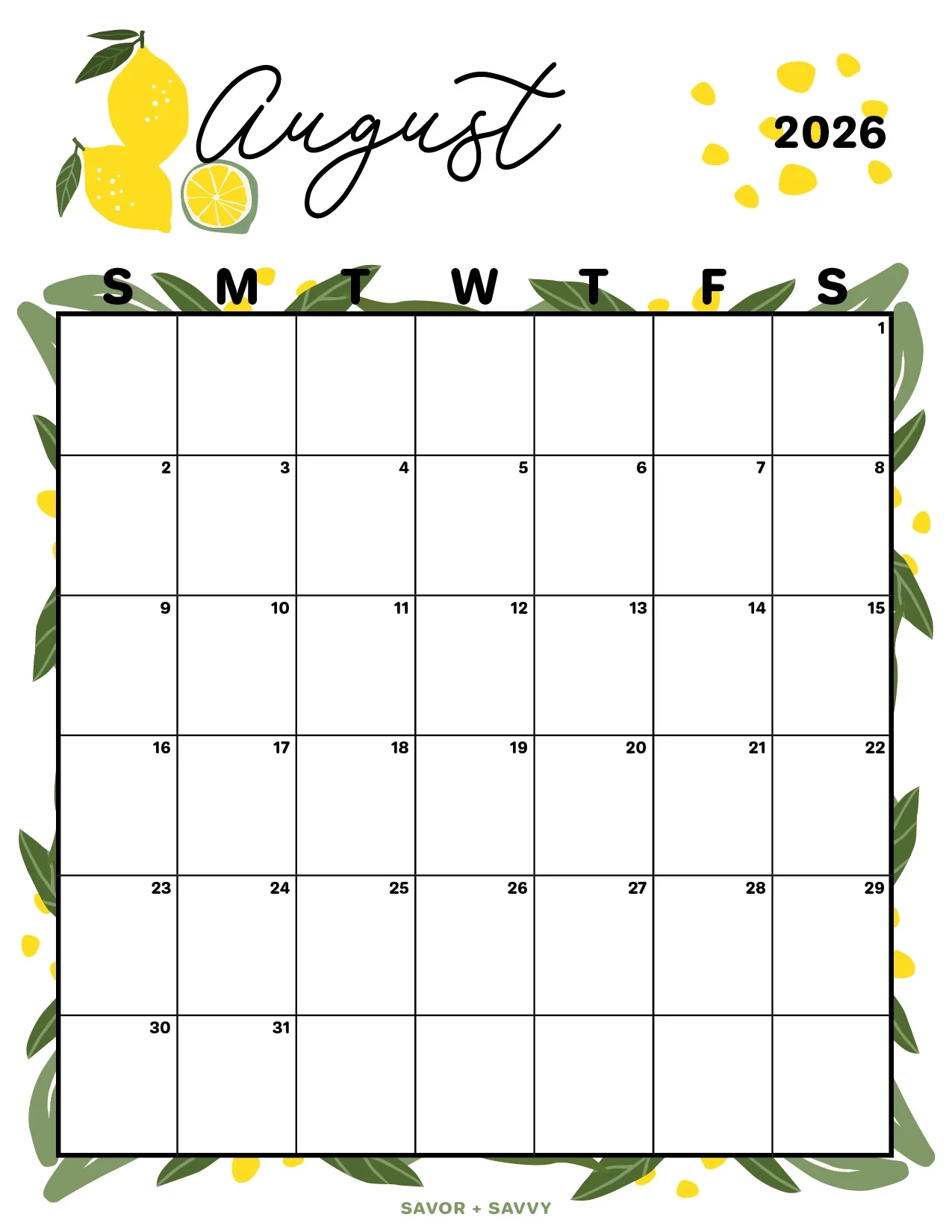 August 2026 Calendar Templates 14 Free Printables Savor Savvy