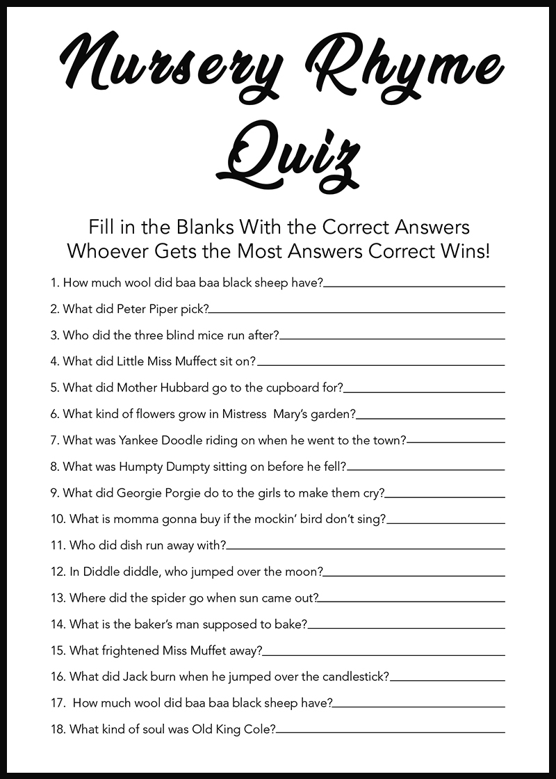 The Nursey Ryhmes Quiz Game Printable